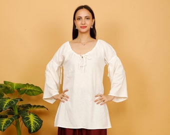Long Off White Medieval Long Sleeves Shirt || Plain Cotton Medieval Blouse With Ajustable Sleeves