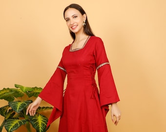 Long Wine Color Medieval Gown || Cotton Flared Pointed Sleeves Dress ||  Cosplay Plain Laced Dress