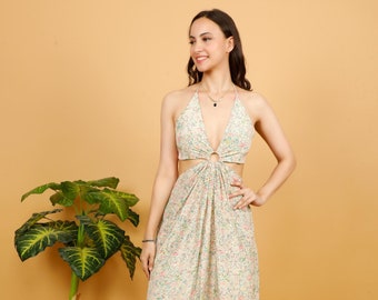 Long Floral Print Halter Dress || Backless Dress With Ring on the Front and Opening Above The Hips || Open Back Dress with Sides Slit