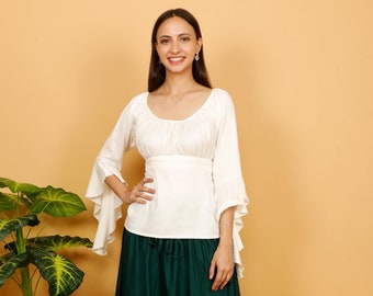 Long Off White Bohemian Blouse With Medieval Princess Style Ruffled Sleeves || Plain Viscose Empire Waist Gathered Neckline Wedding Bodice