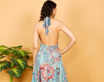 Maxi Shade Of Blue Open Back Dress || Long Bohemian  Halter Dress ||  || Summer Free Size Flowy Dress || Backless Floral Print Dress