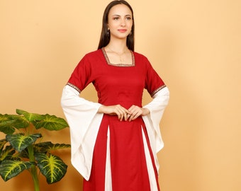 Long Double Color  Medieval Gown || Cotton Flared Pointed Sleeves Dress ||  Cosplay Off White And Wine Laced Dress