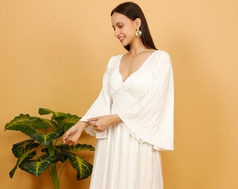 Long Off White Bohemian Dress With Ruffles ||  Plain Viscose Medieval Wedding Boho Dress || Fitted Maxi Dress With Long Pagoda Sleeves