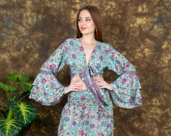 Bohemian Chic Wrap Top || Umbrella Sleeves Fluid Top || Flowery Print Crop Top || Long Sleeves Top