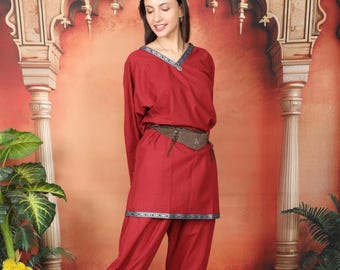 Wine Gender-neutral Viking-inspired cotton tunic with a v-neck adorned with silver floral Patterns woven ribbon