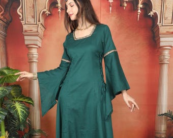Long Bottle Green Medieval Gown || Cotton Flared Pointed Sleeves Dress ||  Cosplay Plain Laced Dress