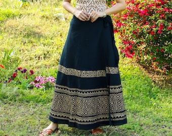 Free Size Black Bohemian Chic Long Skirt || Golden Block Print Flared Skirt Hand Printed || Natural Colored Raw Cotton Wrap On  Skirt
