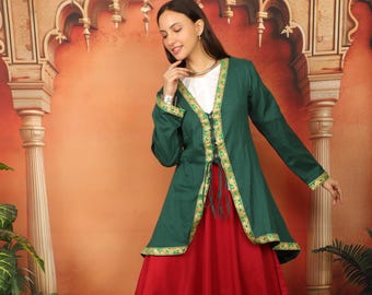 Medieval Oriental Green Cotton Flaired Lace Up Tunic || Long  Cosplay Long Sleeves Vest with Lacing Adorn With Floral Patterns Ribbon