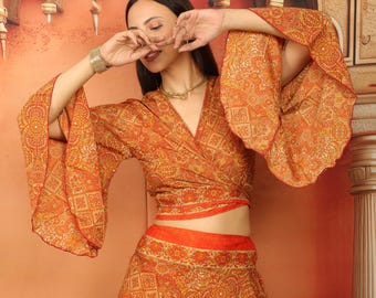 Boho Wrap Top Rust Floral Print || Flare Sleeves Shades of Orange Blouse || One Size Festival Top || Hippie Bohemian Clothing