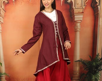 Medieval Oriental Burgundy Cotton Flaired Lace Up Tunic || Long  Cosplay Long Sleeves Vest with Lacing Adorn With Floral Patterns Ribbon