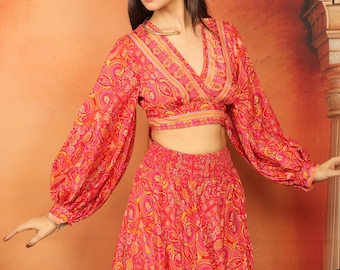 Paisley Print Red Polyester Boho Crop Top To Tie In The Back With Buttoned Puffed Sleeves And Open Back
