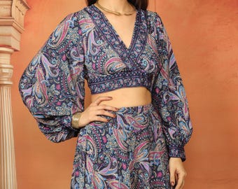 Paisley Print Night Blue Polyester Boho Crop Top To Tie In The Back With Puffy Sleeves And Open Back