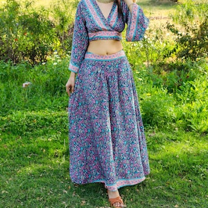 Long Teal Green Small Floral Print Polyester Skirt || Flowy V-Belt Boho Maxi Petticoat || Boho Summer Clothing