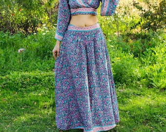 Long Teal Green Small Floral Print Polyester Skirt || Flowy V-Belt Boho Maxi Petticoat || Boho Summer Clothing