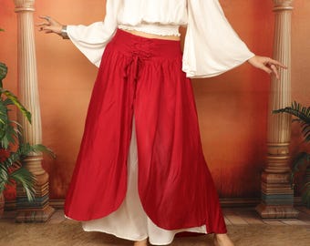 Medieval Inspired Two Tone Skirt With Laced Belt || Corset Belt Viscose Long  Flowing Skirt || Boho Wine and White Panel Petticoat