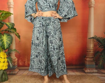 Celadon Blue Wide Bohemian Pants With Floral Print || Flowy Polyester Palazzo Pants with Elastic Waistband