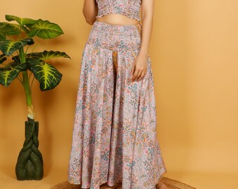 Pink Floral Print Bohemian Wide Pants || Floral Print Flared Pants ||  Fluid Summer Pants || Palazzo Trouser Free Size || Pants-Skirt