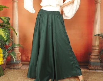 Long Bottle Green Viscose Medieval Inspired Flowy Elasticated Flared Skirt || Bohemian Plain Color Flair Free Size Petticoat
