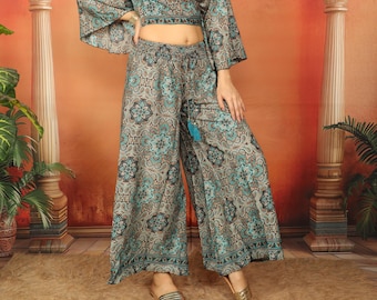 Black Wide Bohemian Pants With Floral Mandala Print || Flowy Polyester Palazzo Pants with Elastic Waistband