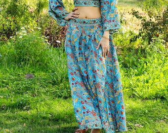 Long Angel Blue Floral Print Polyester Skirt || Flowy V-Belt Bohemian Maxi Petticoat || Boho Summer Clothing