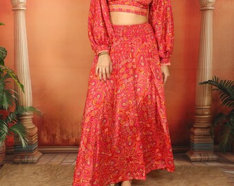 Long flared elasticated polyester skirt with midnight red paisley print, one size