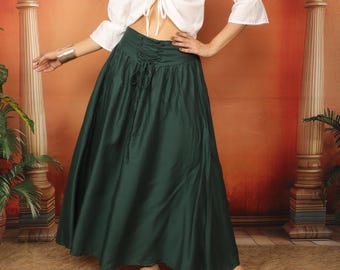 Medieval Inspired Plain Skirt With Laced Belt || Corset Belt Viscose Long  Flowing Skirt || Boho Bottle Green Color Role Play Petticoat