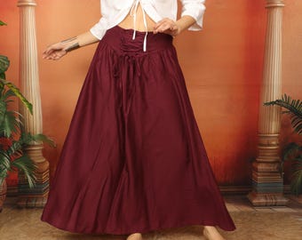 Medieval Inspired Plain Skirt With Laced Belt || Corset Belt Viscose Long  Flowing Skirt || Boho Burgundy Color Role Play Petticoat