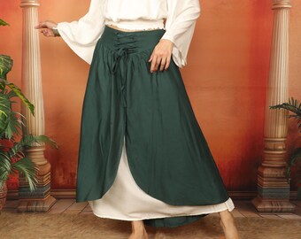 Medieval Inspired Two Tone Skirt With Laced Belt || Corset Belt Viscose Long  Flowing Skirt || Boho Bottle Green And White  Panel Petticoat