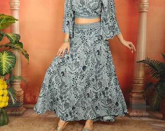 Celadon Blue Bohemian Long Skirt || Floral Print Flared Skirt || Fluid Gypsy Skirt || Boho Summer Clothing