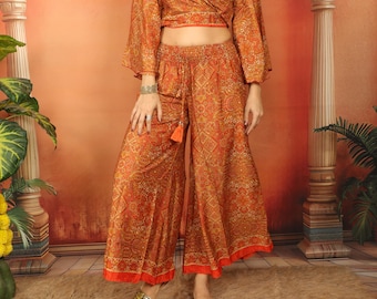 Wide Bohemian Pants in Orange & Rust || Flowy Polyester Palazzo Pants with Elastic Waistband