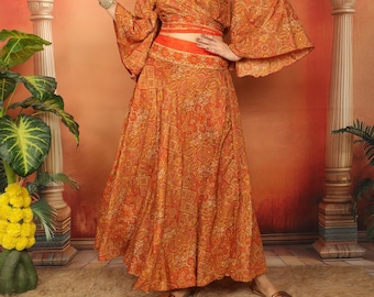 Rust Bohemian Long Skirt || Shades Of Orange Floral Print Flared Skirt || Fluid Gypsy Skirt || Boho Summer Clothing