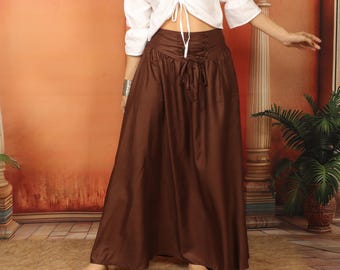 Medieval Inspired Plain Skirt With Laced Belt || Corset Belt Viscose Long  Flowing Skirt || Boho Chocolat Brown Color Role Play Petticoat
