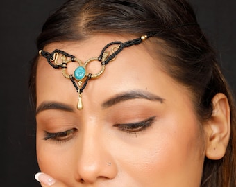 Celtic Macrame Tiara With Central Motif Of Two Intertwined Snakes || Viking Forehead Jewelry In Braided Waxed Cotton Adorned With a Gemstone