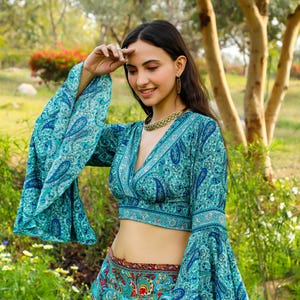 Petrole Polyester Boho Crop Top To Tie In The Back || Top With Ombrella Sleeves And Open Back || Women's Summer Top With Paisley Print