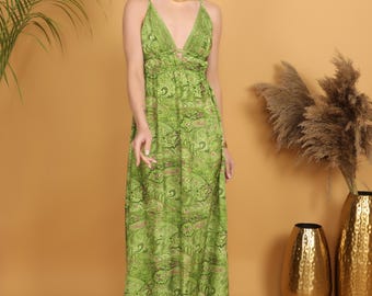 Green Paisley Maxi Dress | Flowy Bohemian Polyester Summer Style