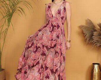 Boho Paisley Maxi Dress | Silk Like Polyester Burgundy Bohemian Dress | Summer Festival V Neck Flowy Outfit | Free Size Gown