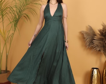 Green Boho Dress | Bohemian Maxi Dress | Viscose Free Size Dress | Front Slit Boho Dress | Dark Emerald Green Gown