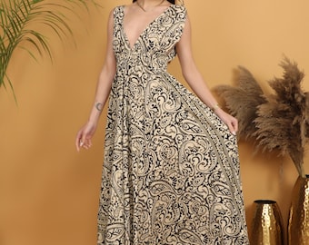 Beige & Black Boho Paisley Print Soft Polyester Maxi Dress | Flowy Goddess Summer Gown