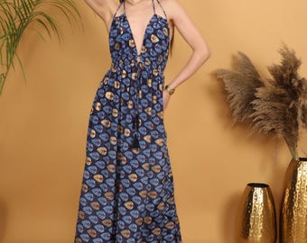 Boho Navy Leaf Maxi Dress | Backless Halter Dress | Flowy Bohemian Summer Outfit | Deep V Festival Dress