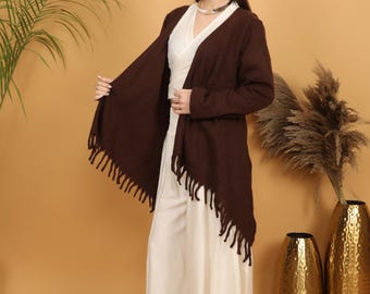 Chocolate Brown Acrylic Wrap Sweater | Boho Fringe Asymmetrical Hem Cardigan