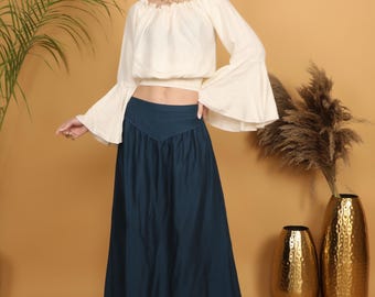 Petrol Viscose Maxi Skirt | V Belt Medieval, Renaissance Fair Boho Style