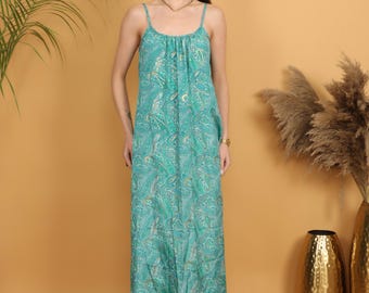 Boho Turquoise Paisley Maxi Dress | Low Back Bohemian Summer Dress | Flowy Polyester Silk Feel Festival Outfit | Beach Vacation Boho Style