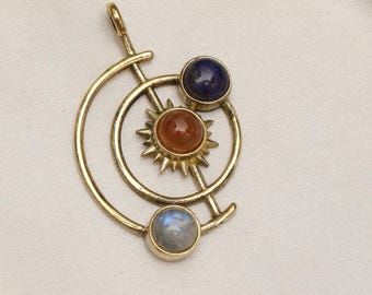 Boho Brass Celestial Pendant Necklace | Lapis Lazuli, Moonstone & Cornaline