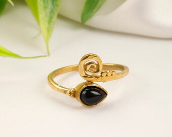 Spiral Gemstone Adjustable Ring || Bohemian Brass Ring With natural Stone || Ethnic Ring With Drop Shape Stone and Brass Scroll