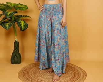 Blue Bohemian Wide Pants || Floral Print Flared Pants ||  Fluid Summer Pants || Palazzo Trouser Free Size || Pants-Skirt