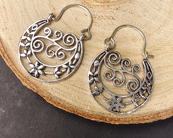 Tiny Delicate Ethnic Floral and Swirls Hoops || Mini Openworked Silvered Brass  Hoop Earrings || Intricate Bohemian Inspired Hoops