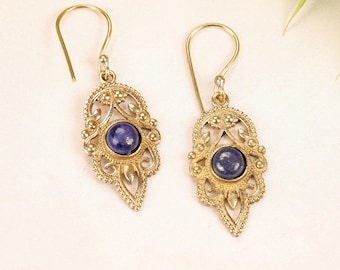 Ornate Gemstone Drop Earrings | Ethnic Brass Dangle Earrings | Boho Filigree Jewelry | Medieval Inspired Earrings | Vintage Style Earrings