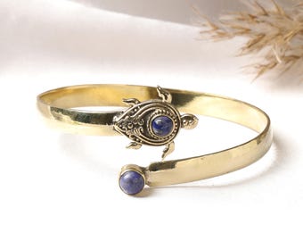 Turtle Cuff Bracelet With Round Gemstone Accents | Brass  Ocean Inspired Open Bangle | Boho Beach Bracelet