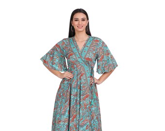 Bohemian Chic Wrap On Dress || Cashmere Print Maxi Dress || Wrap Gypsy Dress || Blue Butterfly Sleeve Summer Dress