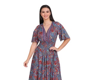 Robe Bohème Chic || Robe Evasée Motifs Floraux || Robe Fluide Boutonnée || Robe Eté Bleu || Robe Manches Papillons